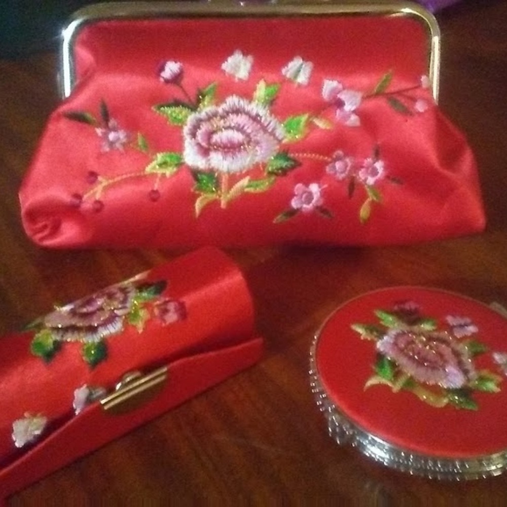 Red Silk Brocade Embroidered Cosmetic